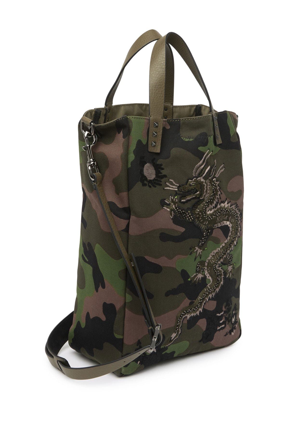 Valentino Garavani Dragon Embroidered Camo Crossbody Tote Bag In Army Green