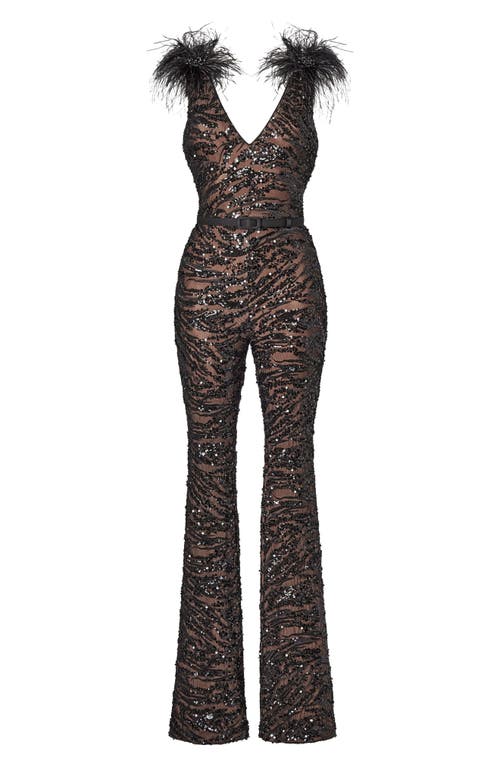 Nadine Merabi Jenna Ostrich Feather Trim Sequin Belted Jumpsuit In Black
