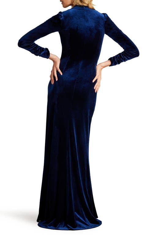 Shop Tadashi Shoji Knot Front Long Sleeve Velvet Gown In Navy