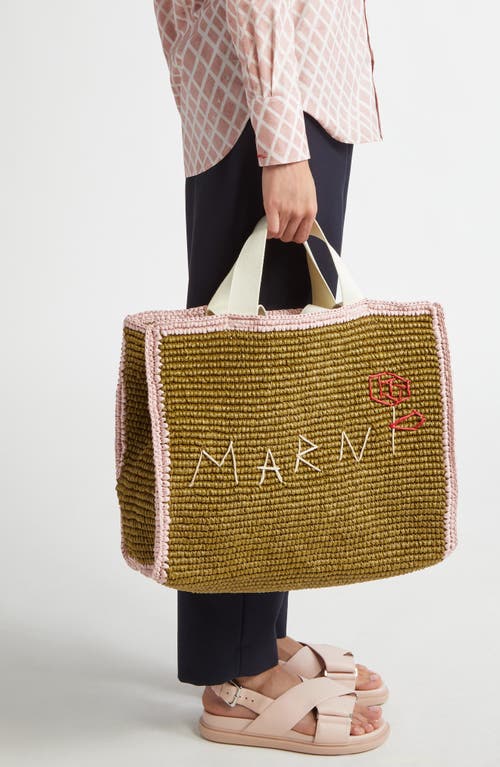 Shop Marni Mending Woven Faux Raffia Tote In Olive/green