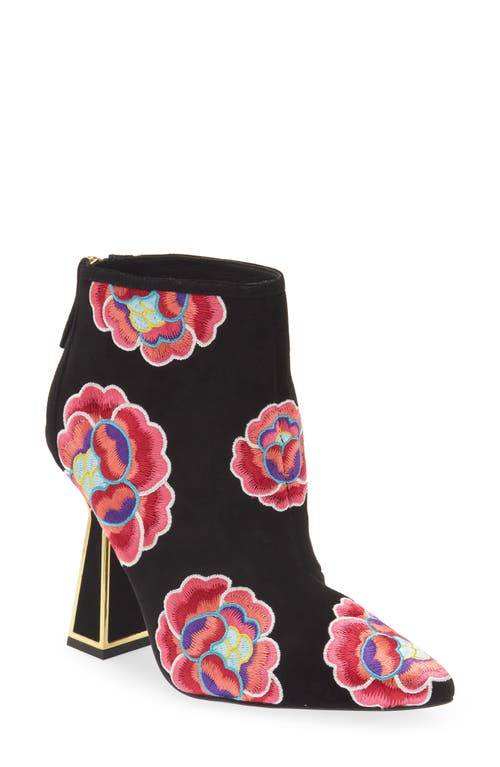 KAT MACONIE Lucie Floral Embroidered Pointed Toe Bootie in Black /Multi Pinks