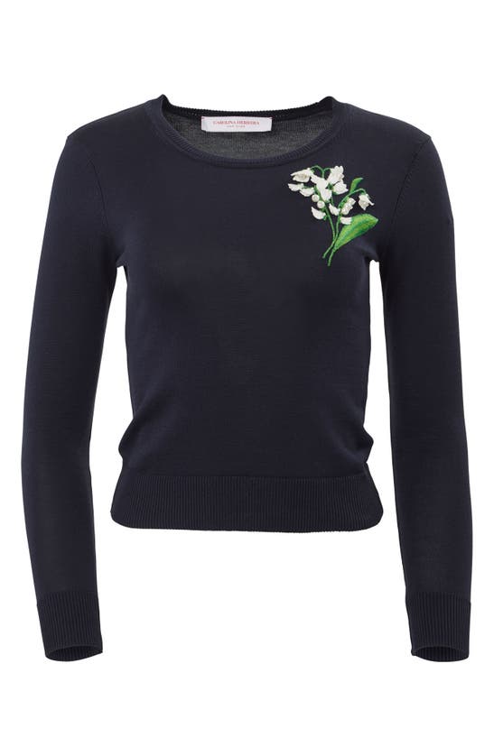Shop Carolina Herrera Embellished Silk & Cotton Crewneck Sweater In Midnight Multi