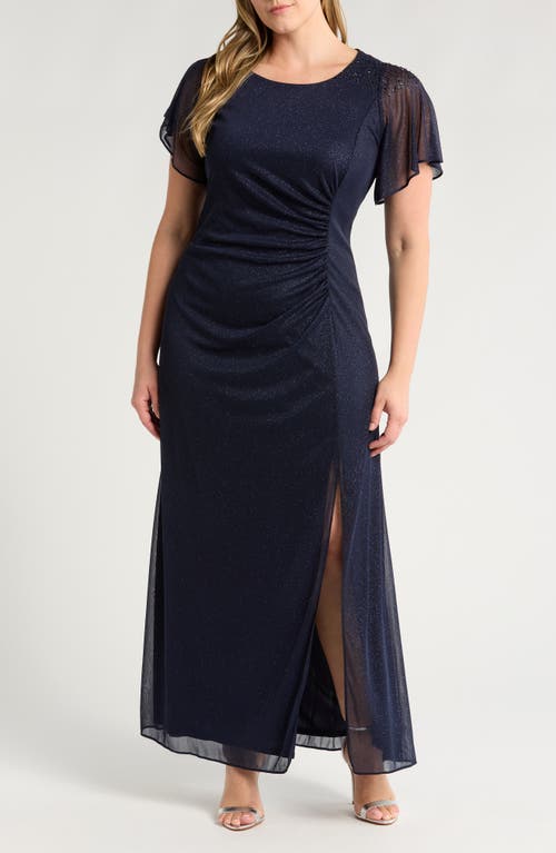 SL FASHIONS Flutter Sleeve Metallic Gown in Navy 