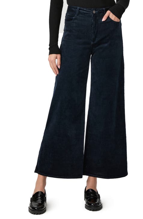 Ladies Solid Color High Waist Corduroy Wide Leg Pants-Burgundy