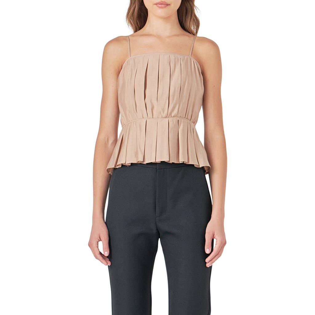 Endless Rose Sleeveless Pleated Peplum Top In Tan