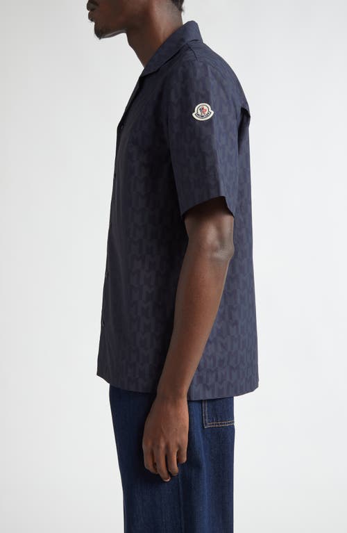 Shop Moncler Monogram Print Cotton Camp Shirt In Bright Blue