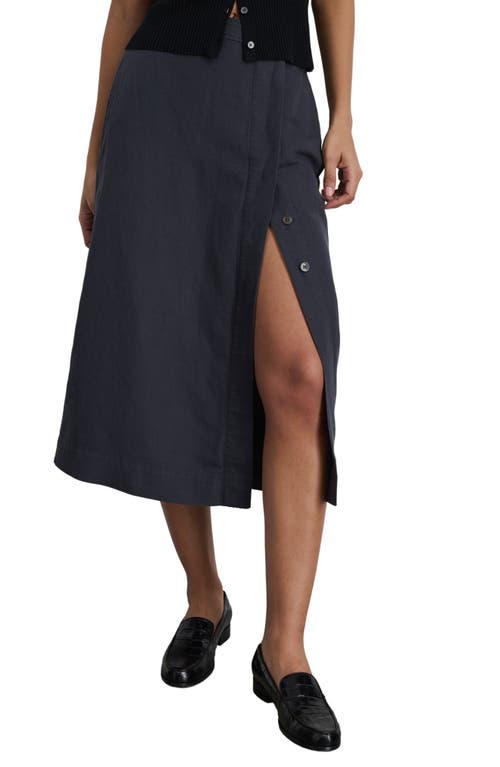 Button Front Twill Midi Skirt in Washed Black