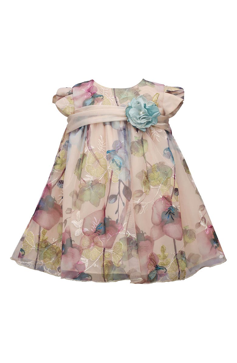 BONNIE JEAN Burnout Lace Floral Print Applique Dress, Main, color, MULTI
