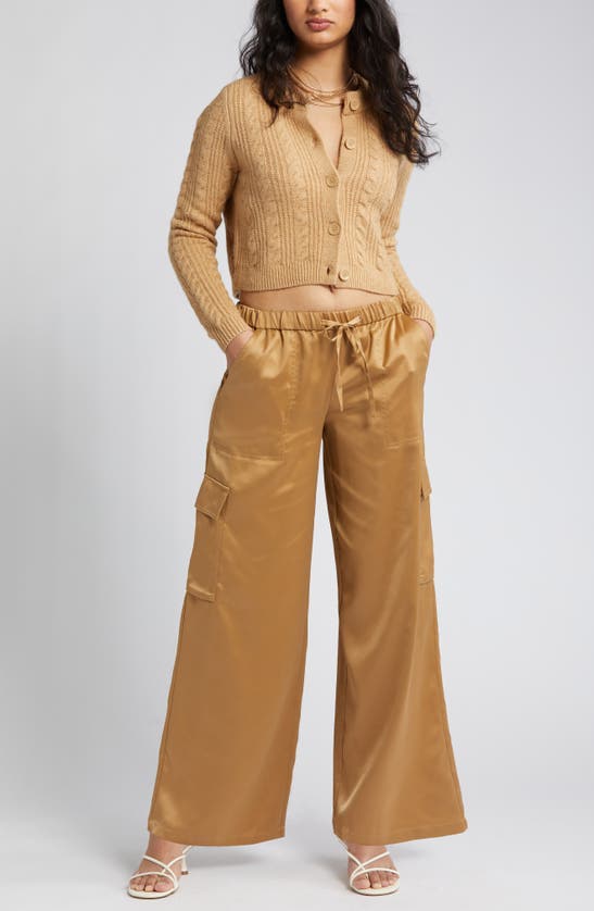 Open Edit Cable Knit Crop Cardigan In Tan Cartouche