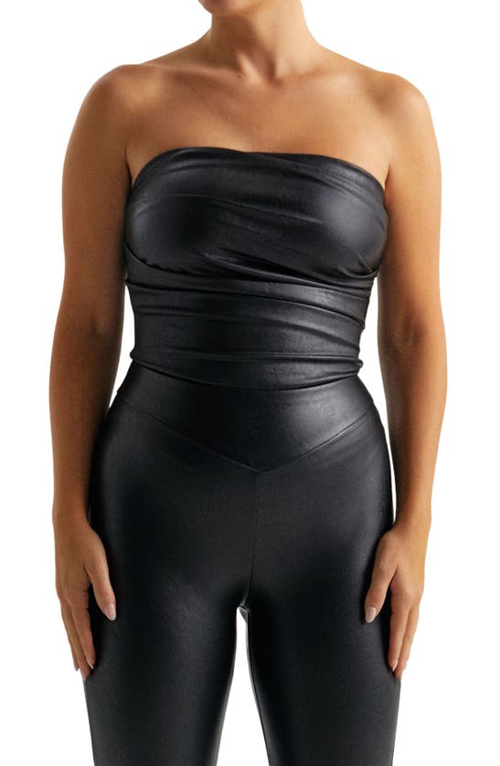 NAKED WARDROBE NAKED WARDROBE PLEATED STRAPLESS FAUX LEATHER BODYSUIT