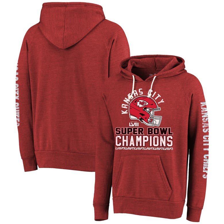 Shop Majestic Threads Red Kansas City Chiefs Super Bowl Lviii Champions Tri-blend Pullover Hoodie