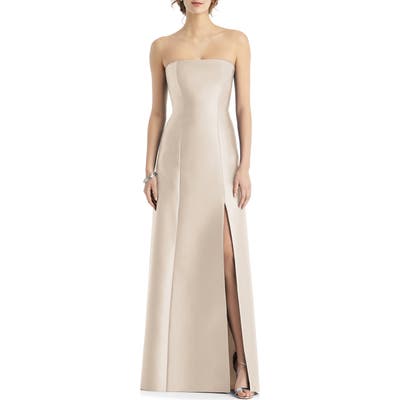 Alfred Sung Strapless Side Slit Satin Gown, Beige