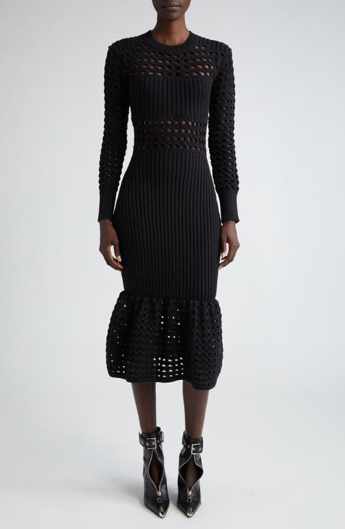 Alexander McQueen Long Sleeve 3D Mesh Midi Sweater Dress Black at Nordstrom,