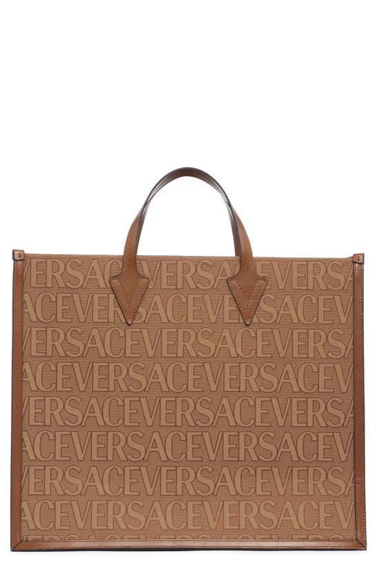 Versace Large Fabric & Leather Tote Bag In Beige,brown