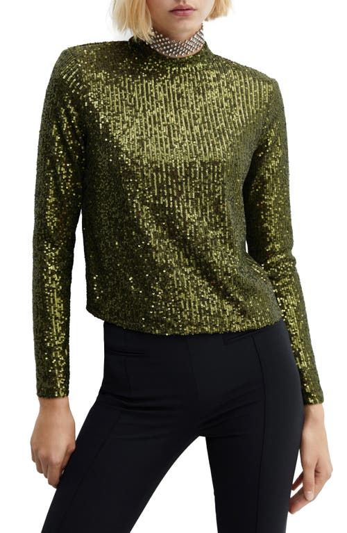 MANGO Mock Neck Sequin Top in Olive Green at Nordstrom, Size Small