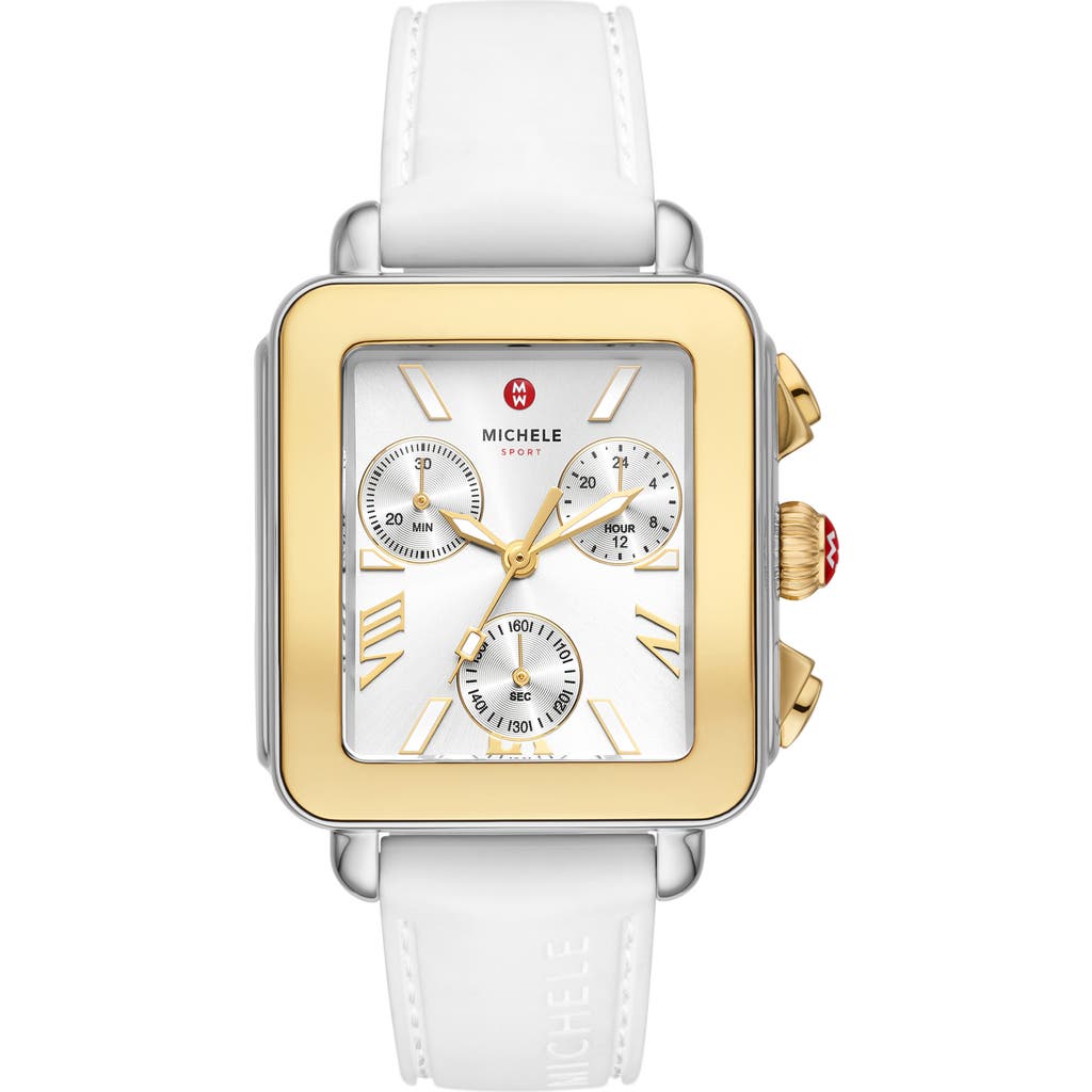 MICHELE Deco Sport Chronograph Silicone Strap Watch, 36mm in Two Tone