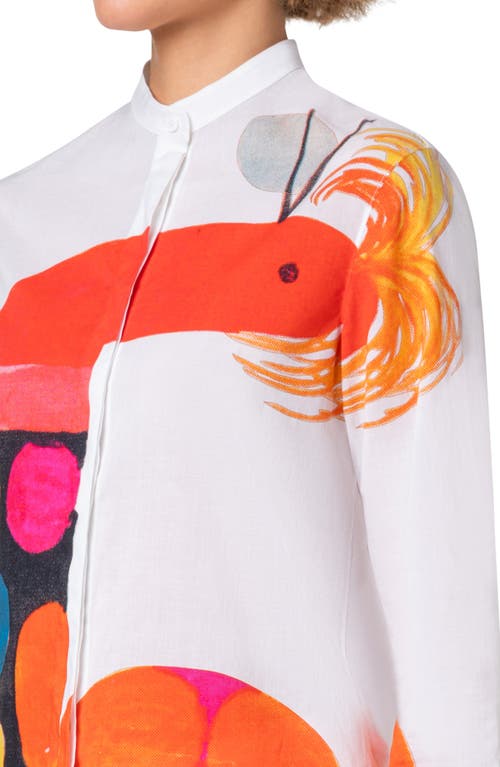 Shop Akris Rooster Print Band Collar Button-up Tunic Shirt In Ecru-multicolor