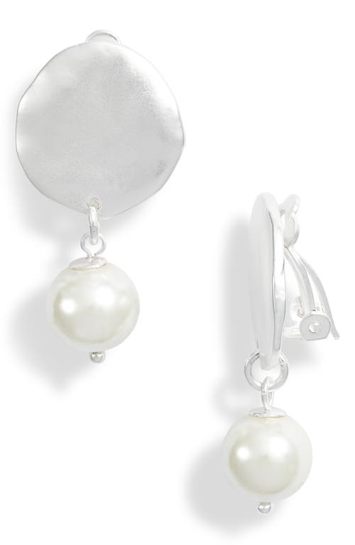 Karine Sultan Hammered Disc Imitation Pearl Clip-On Drop Earrings in Silver