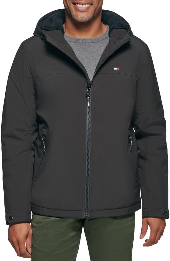Tommy Hilfiger Faux Shearling Lined Hooded Jacket In Black