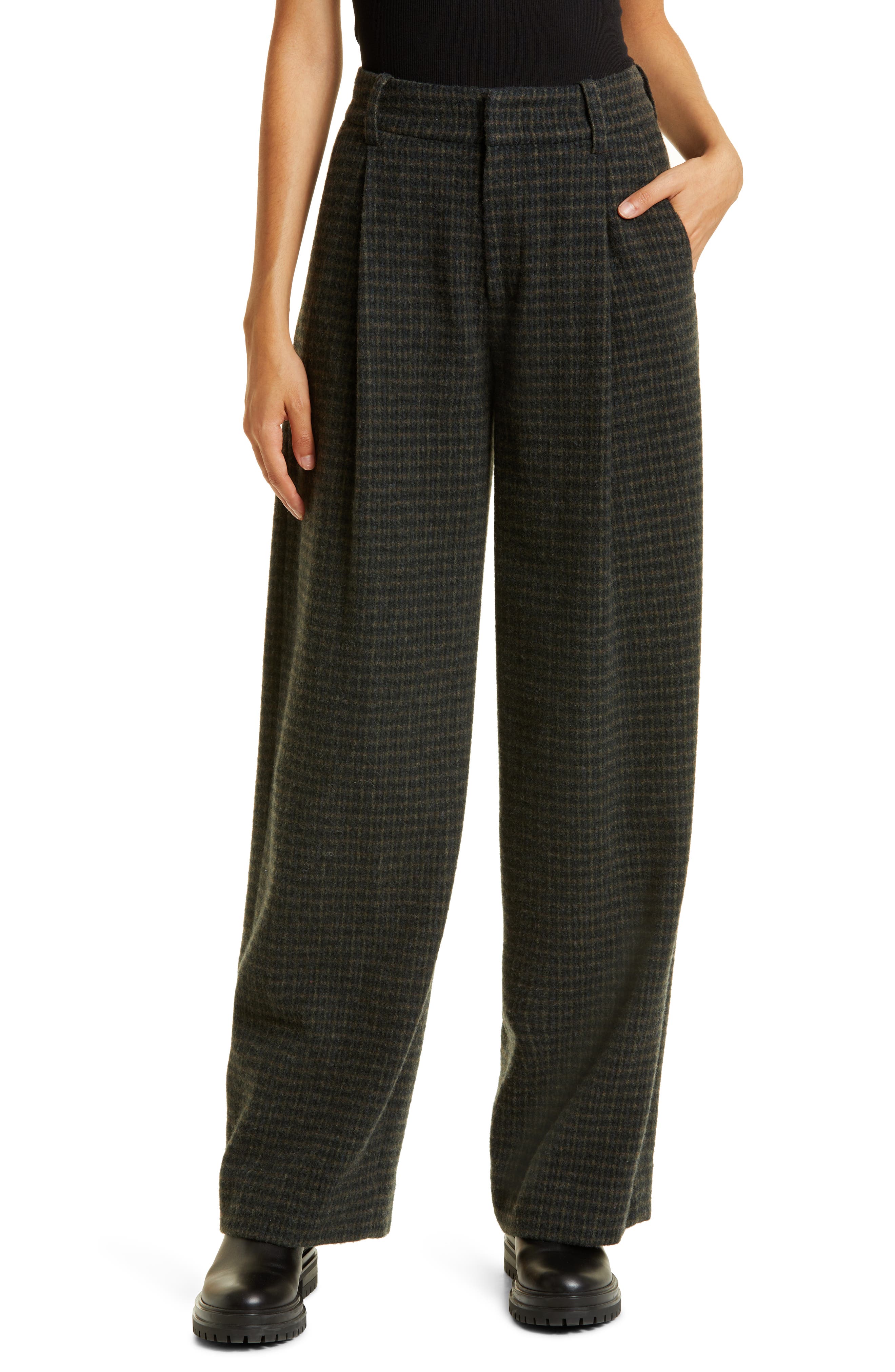 Wool Blend Check Wide Pants