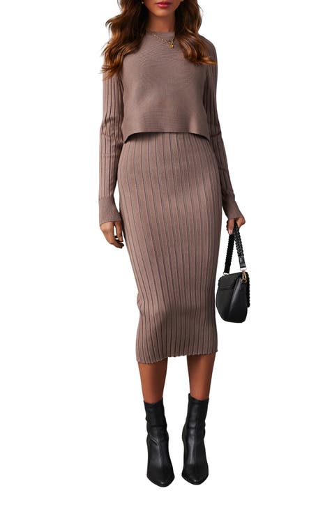 WASHED EFFECT FITTED RIB DRESS - taupe brown