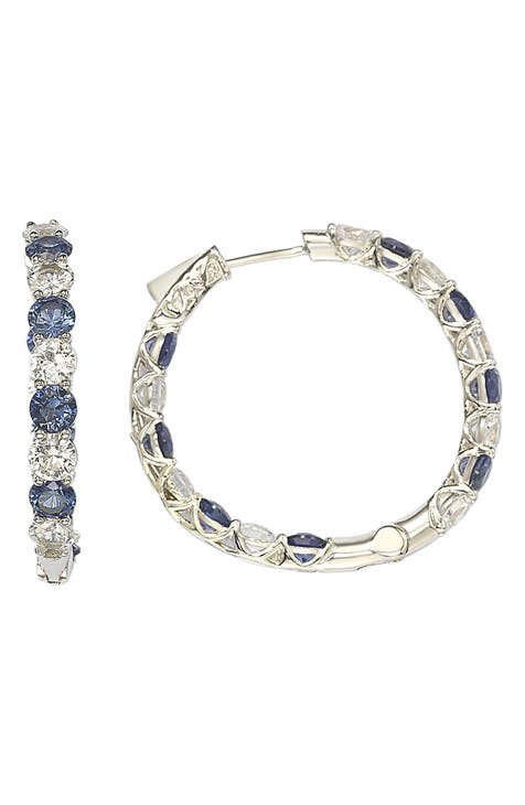 Sterling Silver CZ & Blue Sapphire Hoop Earrings