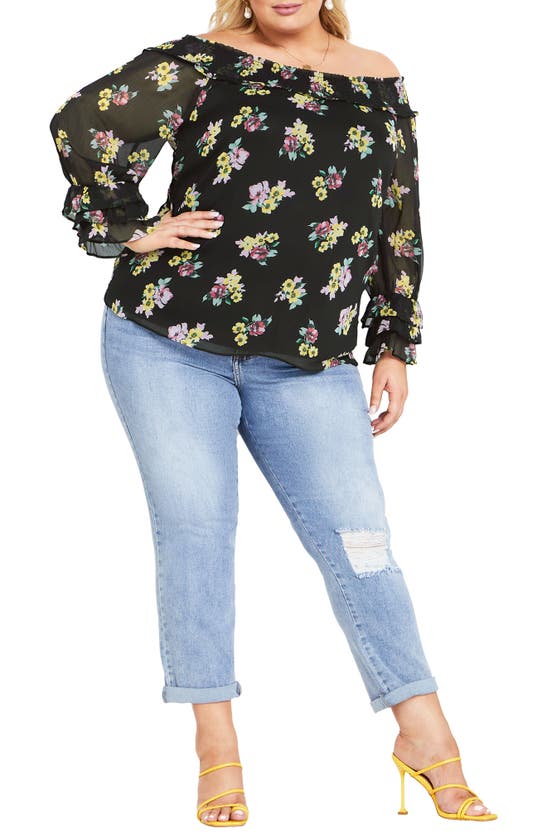 Shop City Chic Anais Floral Off The Shoulder Long Sleeve Top In Black Melanie Ditsy