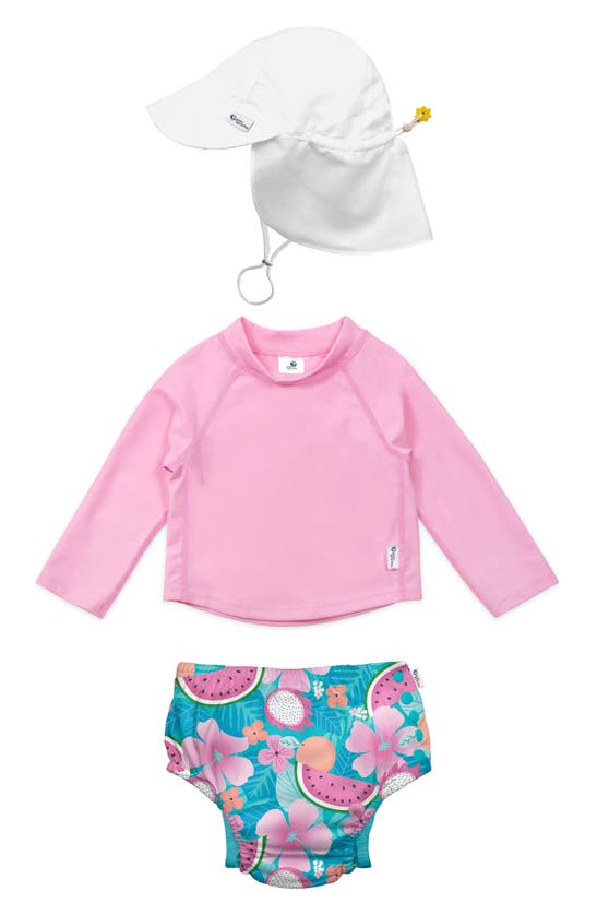Green Sprouts Babies' Kids' Sun Hat, Long Sleeve Rashguard & Reusable Swim Diaper Set In Aqua Tropical Fruit Floral