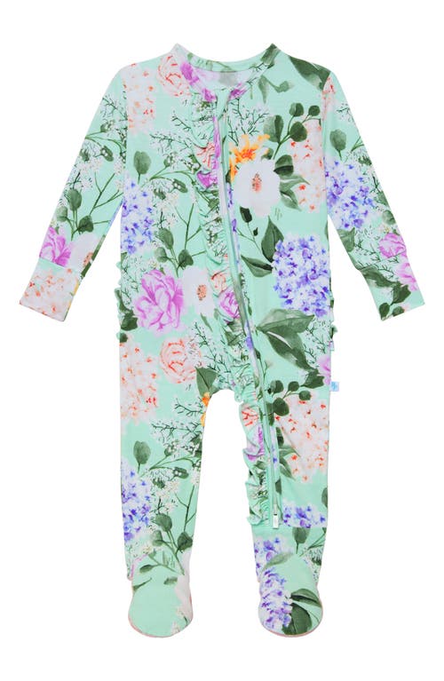 Shop Posh Peanut Erin Jeanette Ruffle Fitted Footie Pajamas (baby)<br> In Green