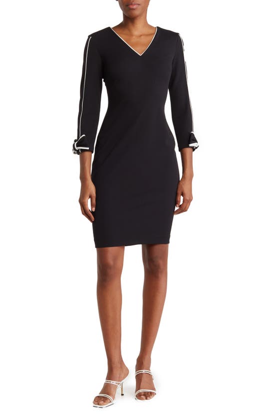 Calvin Klein Piped V-neck Bow Sleeve Sheath Dress In Black/ White