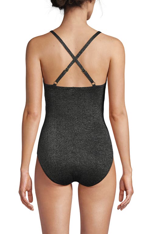 Shop Lands' End Slender Suit V-neck Pleated X-back One Piece Swimsuit Adjustable Straps In Black Shine