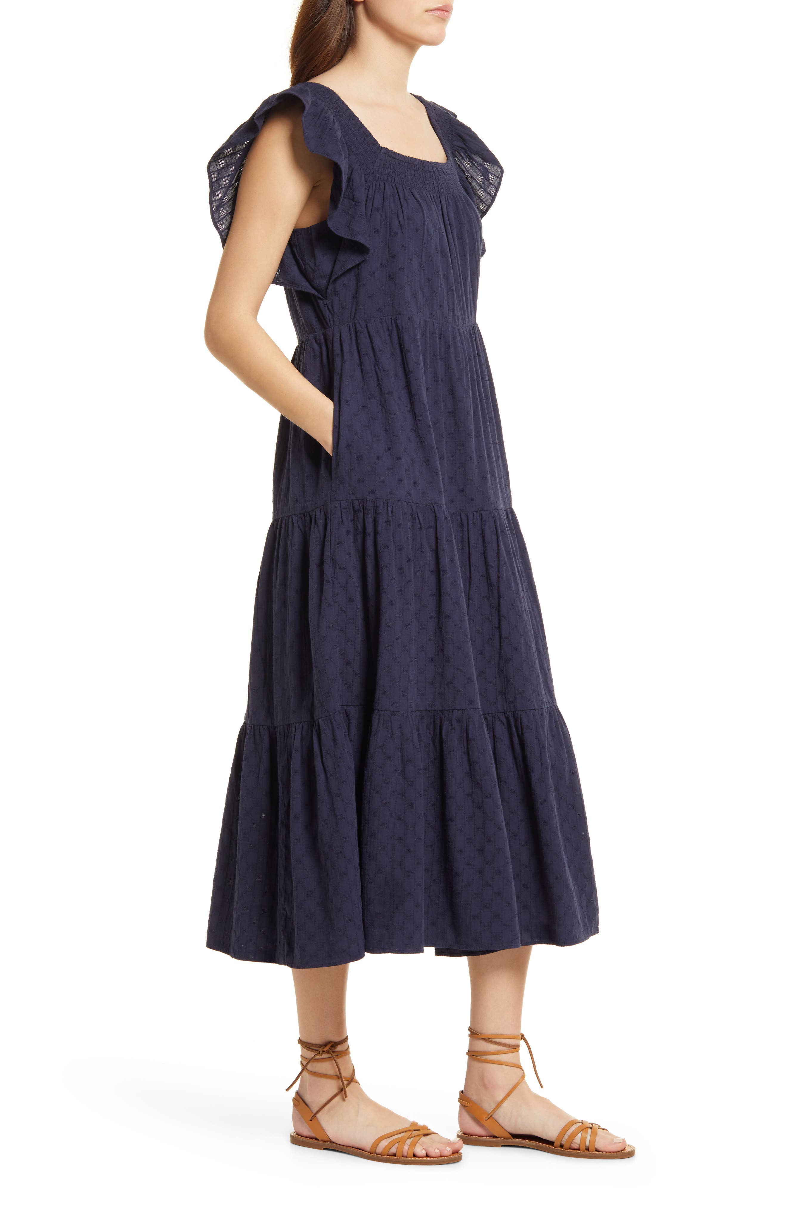 Madewell Ruffle-Sleeve Tiered Midi Dress in Textured Check Women's Dress Juniper Berry : 2XL (Women's 18)