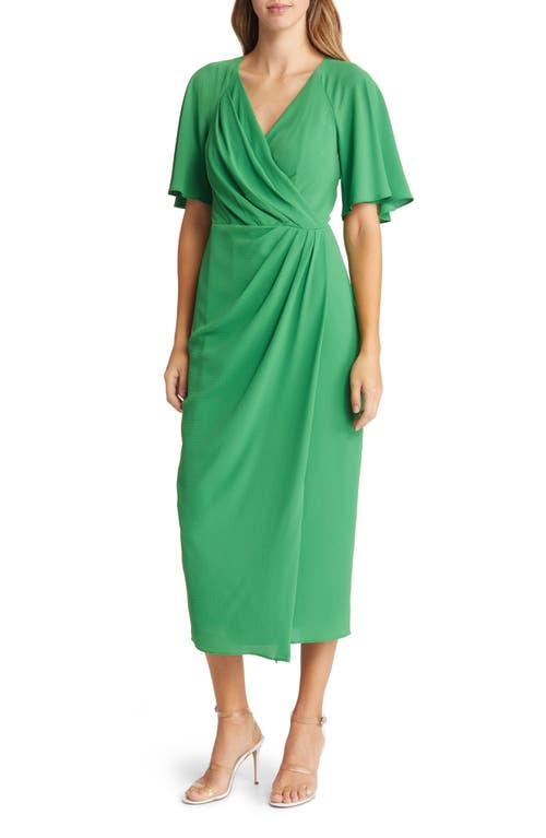 Maggy London Flutter Sleeve Faux Wrap Midi Dress in Medium Green