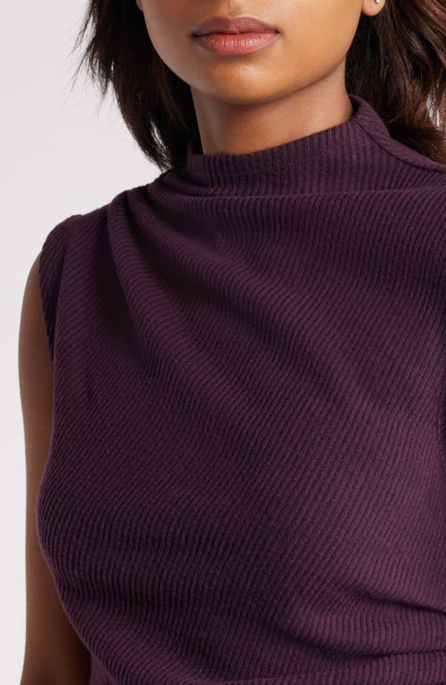 Wit & Wisdom Asymmetric Ruched Sleeveless Mock Neck Knit Top In Heather Concord Grape