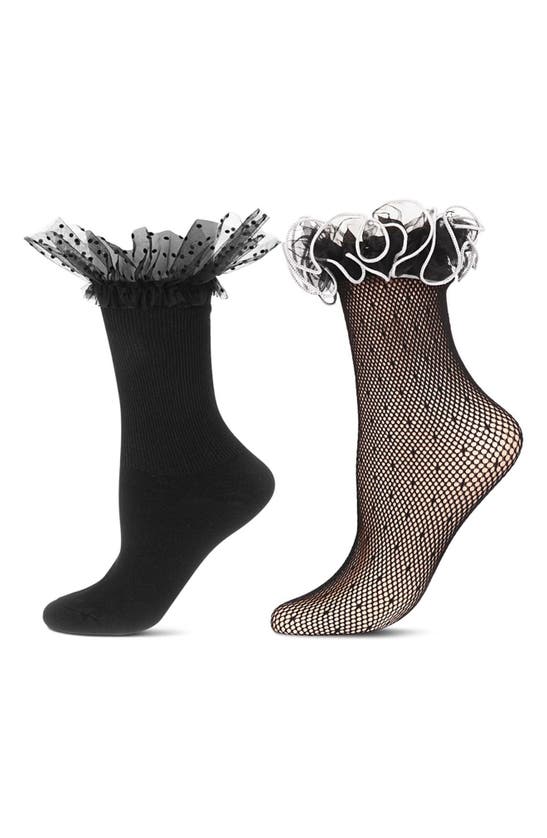 Shop Memoi Lace Ruffle Cuff Assorted 2-pack Ankle Socks In Black-red