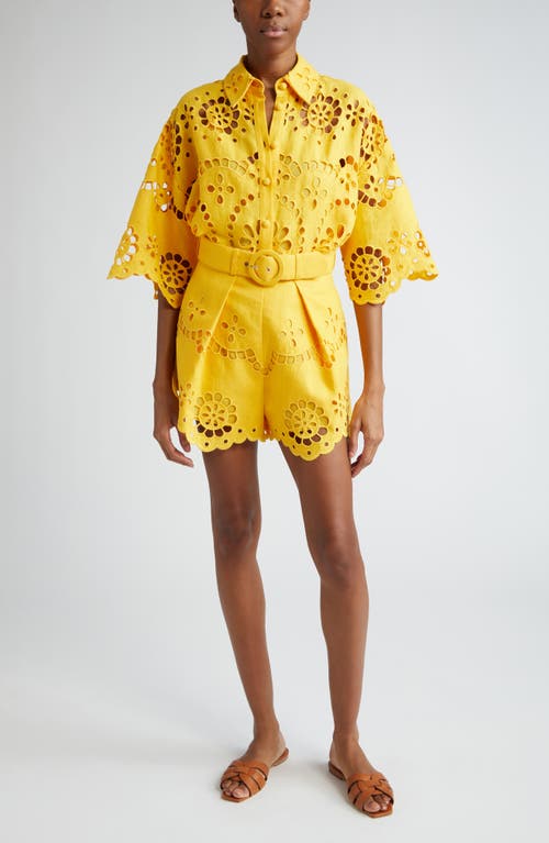 Shop Zimmermann Pop Belted Embroidered Eyelet Linen Shorts In Mango