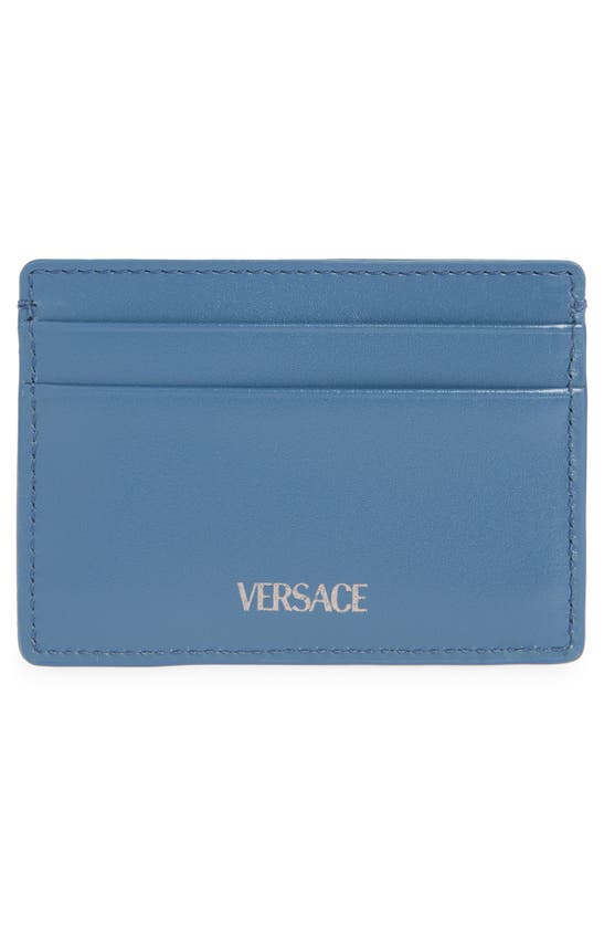 Shop Versace Floral Jacquard & Leather Card Case In Blue Gentian Rutenium
