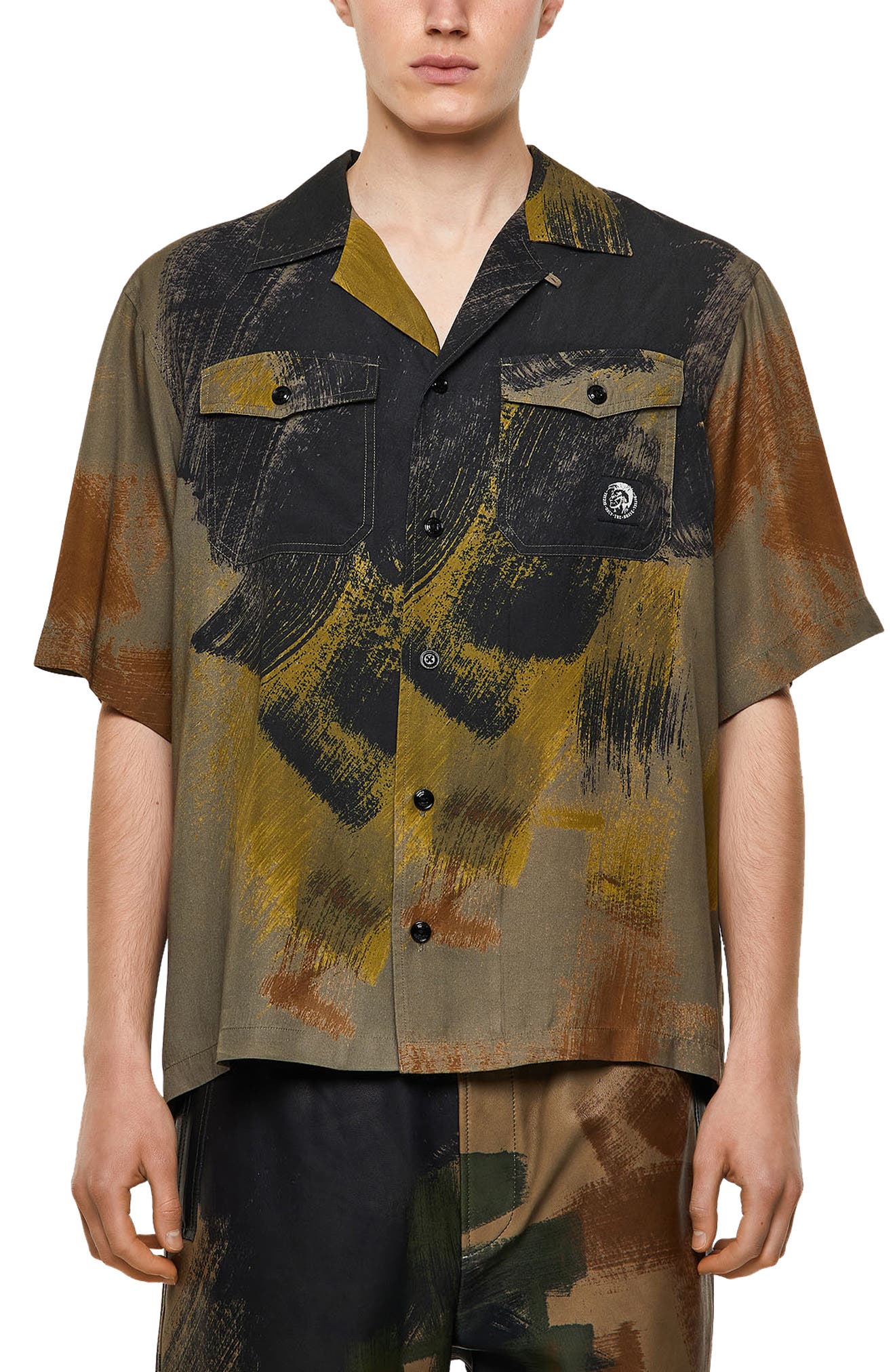 DIESEL(R) S-WOLF-ALL Brushstroke Short Sleeve Button-Up Shirt in Brown