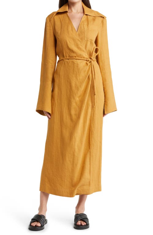 Nanushka Farah Long Sleeve Wrap Front Linen Dress in Camel