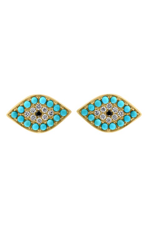 14K Gold Turquoise & Diamond Evil Eye Stud Earrings