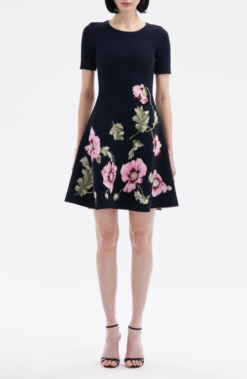 Shop Oscar De La Renta Poppies Jacquard Sleeveless Fit & Flare Dress In Navy/pink