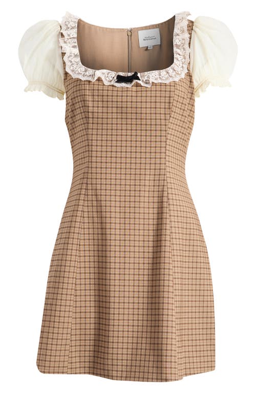 Shop Reformation X Kacey Musgraves Bunny Mixed Media Minidress In Brown Plaid