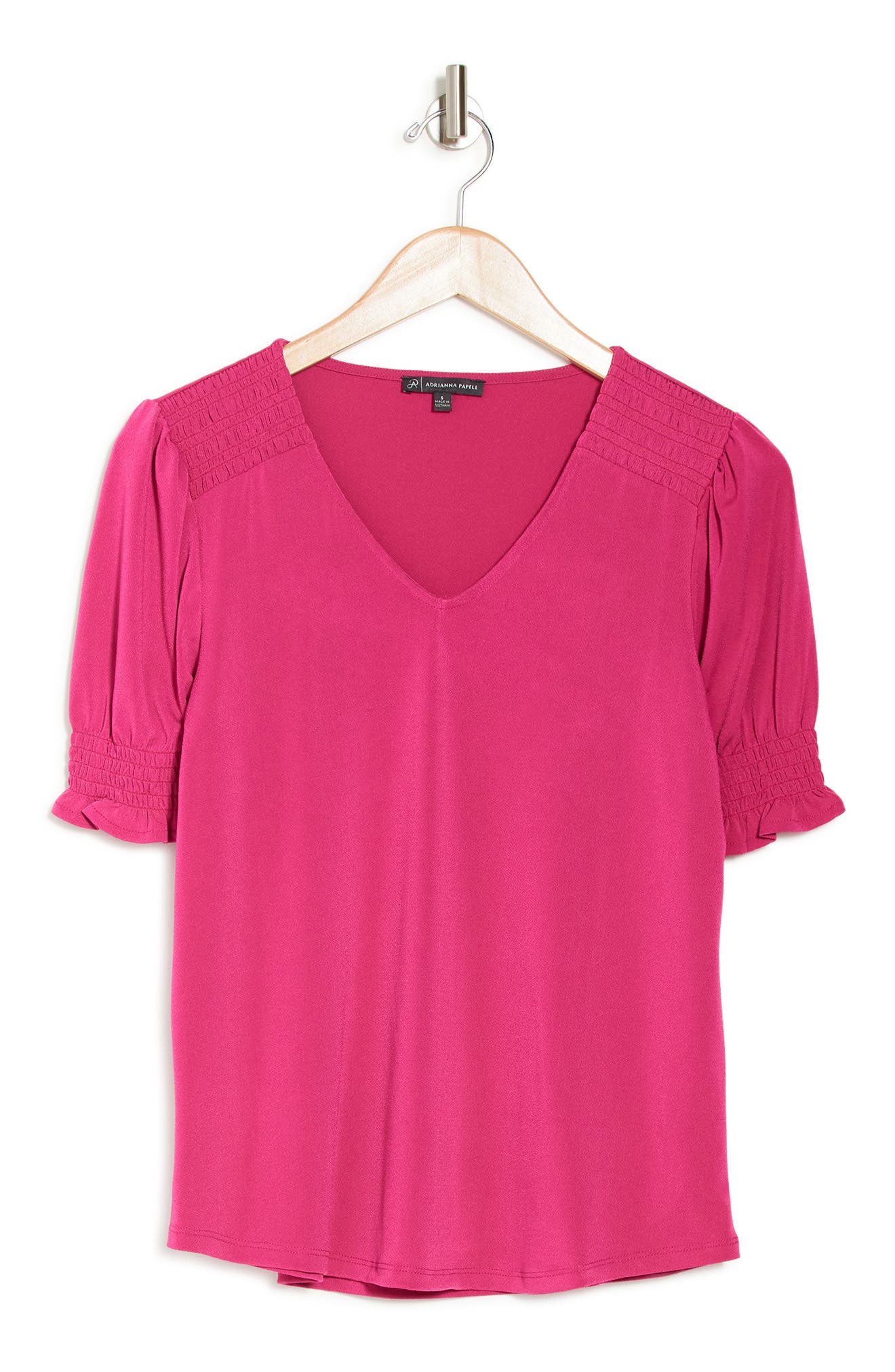 Adrianna Papell V-neck Smocked Solid Knit Moss Crepe Top In Very Berry