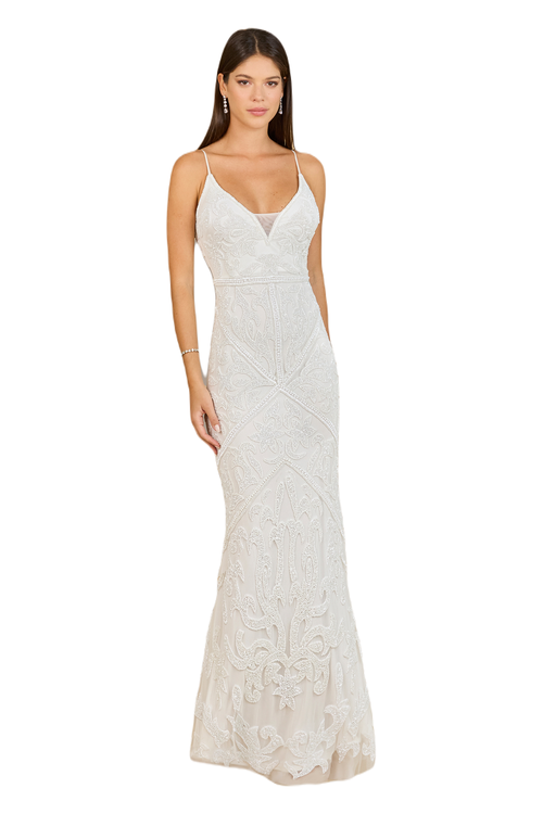 Shop Lara New York Beaded Spaghetti Strap Fitted Gown In Ivory