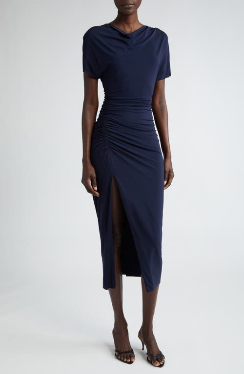 Ruched Short Sleeve Jersey Dress in Bright Navy