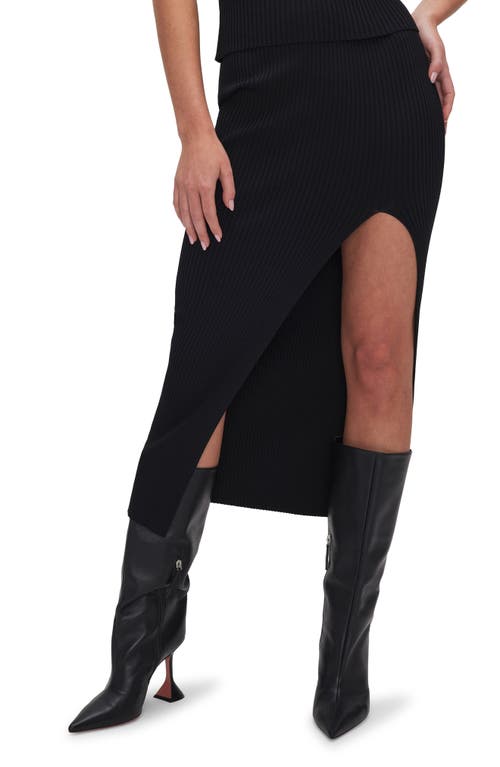 Shine Ribbed Slit Midi Skirt in Black001