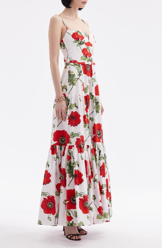 Shop Oscar De La Renta Poppy Print Belted Tiered Stretch Cotton Dress In White/ Red