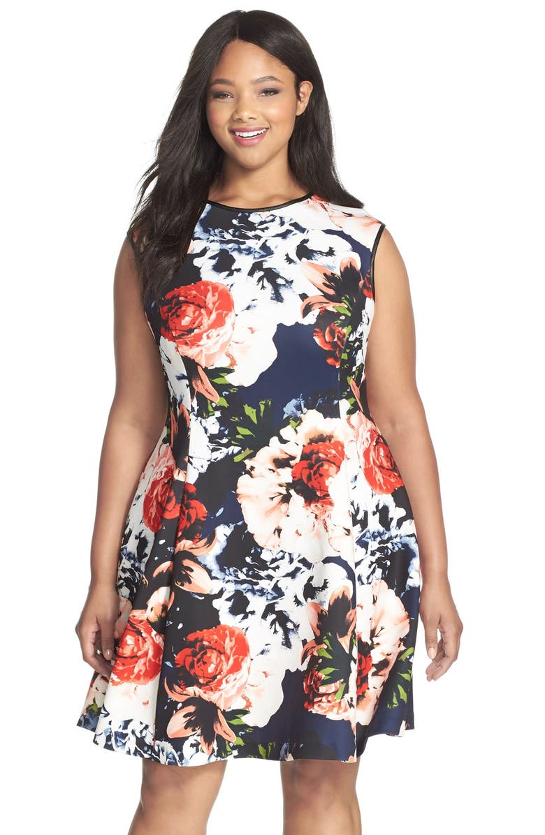 Vince Camuto Floral Print Scuba Fit & Flare Dress (Plus Size) | Nordstrom