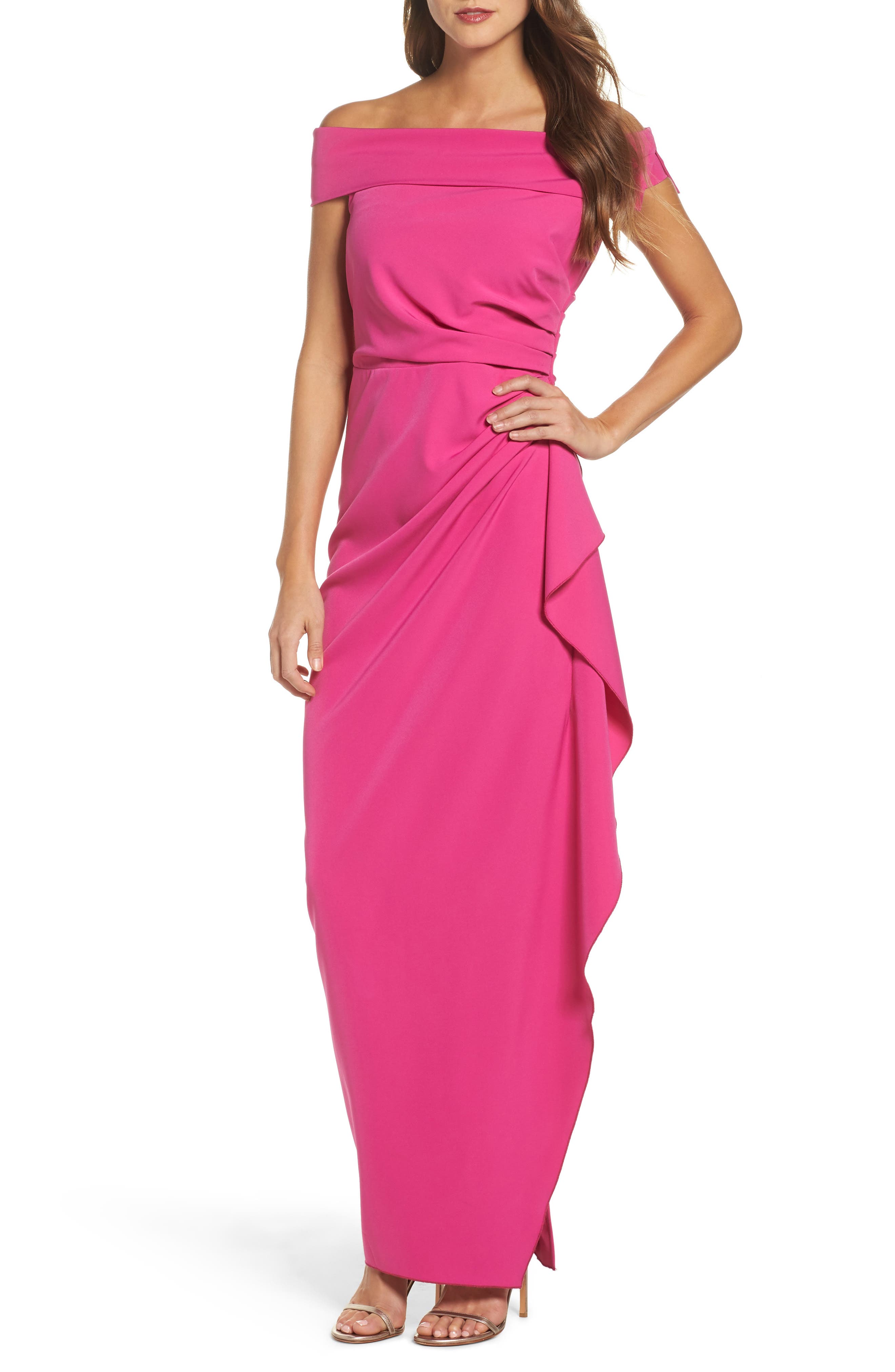 vince camuto off the shoulder crepe gown