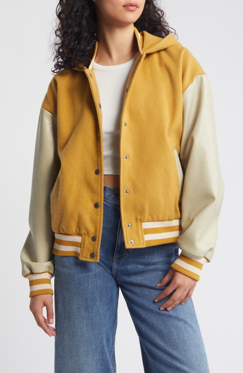 Shop Steve Madden Finn Hooded Faux Leather Sleeve Twill Bomber Jacket In Ginger Spice